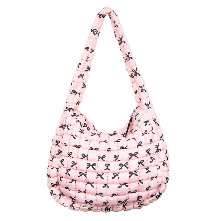 Black & Pink Mini Coquette Bows Quited Hobo Tote Bag