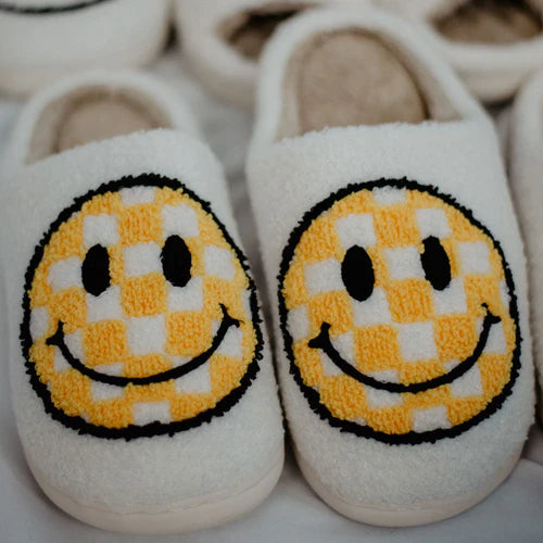 Yellow Checkered Smiley Slippers